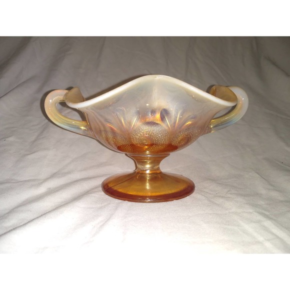 Dugan peach marigold question mark carnival glass footed bon bon with handles - Picture 4 of 7